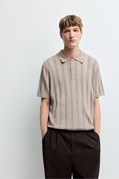 LEFTIES Dokulu örgü polo yaka t-shirt