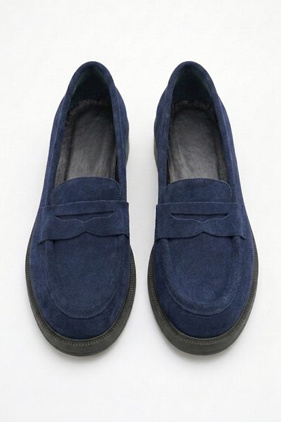 GRADA Navy Blue Suede Loafer Genuine Leather Women's Shoes Real Leather Navy Suede Women's Loafer Shoes