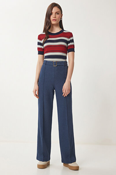 Lovelyİstanbul Πλεκτό παντελόνι με λεπτομέρεια ραβδώσεων και ζώνη LUB0329 ΜΠΛ...