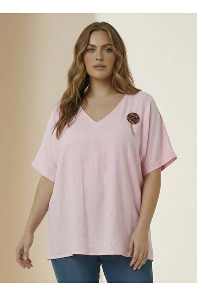 RMG Γυναικεία μπλούζα με λεπτομέρεια στον λαιμό σε σχήμα V και καρφίτσα, σε μ...