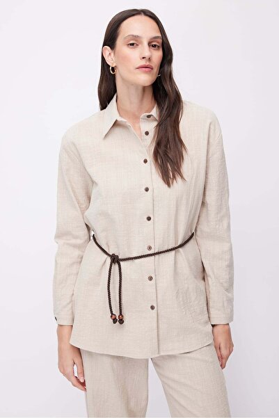PAULMARK Γυναικείο λινό πουκάμισο με ζώνη