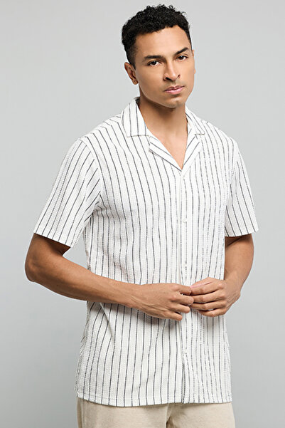 R&B Striped Shirt with Reverse Collar and Short Sleeves