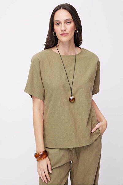 PAULMARK Γυναικεία λινή μπλούζα με κοντό μανίκι και λαιμόκοψη που αναδεικνύει...