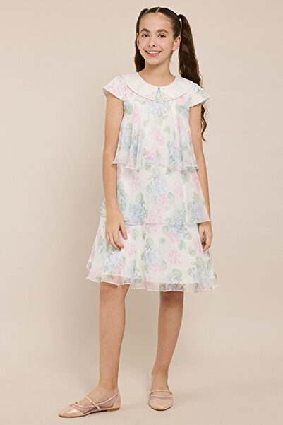 R&B Floral Print Layered Dress with Peter Pan Collar and Short Sleeves