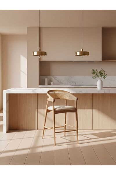 Gazzini Furniture Gazel Bambu Hasırlı Ahşap Bar Sandalyesi
