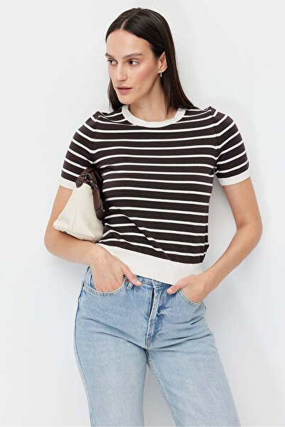 PAULMARK Γυναικείο ριγέ πλεκτό μπλουζάκι με λαιμόκοψη ποδηλάτου