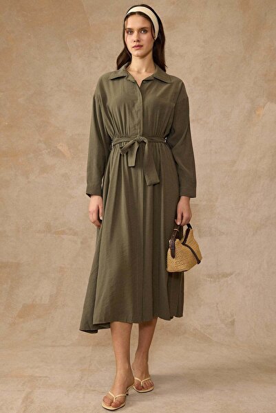 Olcay Φόρεμα Modal με κουμπωτή μέση και κλείσιμο με κουμπιά KHAKI 9452-E