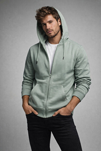 Rich Men's Mint Cotton Hooded Basic Cardigan