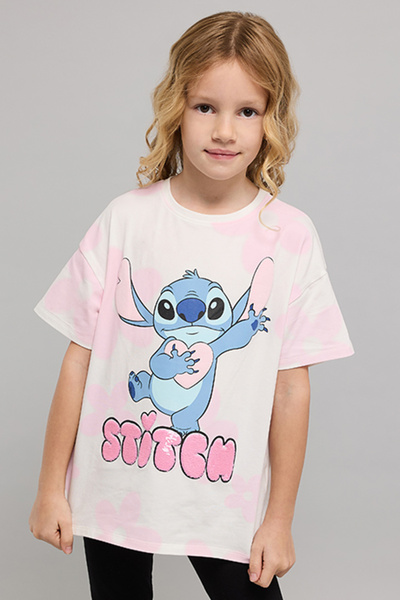 R&B Stitch Print T-Shirt with Crew Neck and Short Sleeves