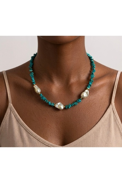 ZELAL Turquoise Stone Parçalı Dorica Boncuk ve Barok Detaylı Şık Tasarım Kolye