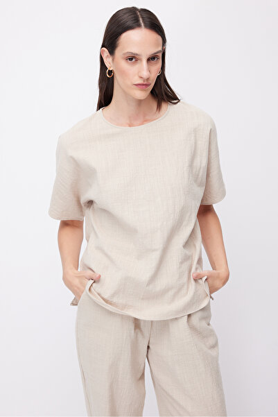 PAULMARK Women's Crew Neck Off-Shoulder Short Sleeve Linen Blouse