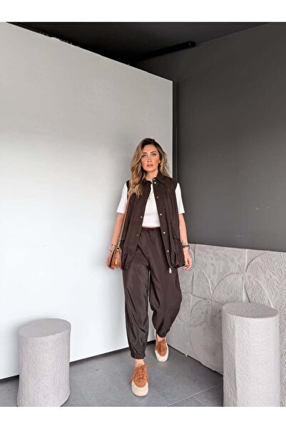 Zerrincan Giyim Kahve Yelek Pantolon Paçası Lastikli Takım