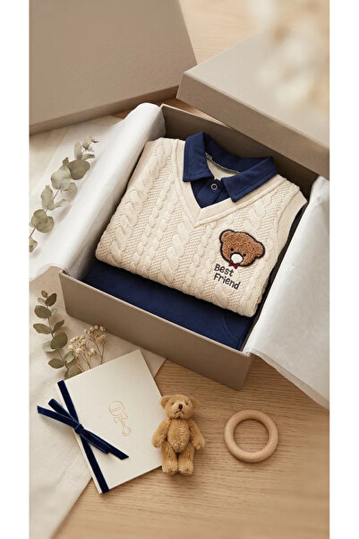 tinitins Simalya kids Süzsene Ayıcık Nakışlı Süveter Detaylı Erkek Bebek 2'li...