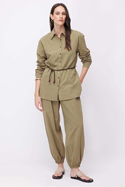 PAULMARK Γυναικείο λινό παντελόνι με ελαστικό τελείωμα στα μπατζάκια