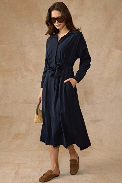Olcay Φόρεμα Modal με κουμπωτή μέση και κλείσιμο με κουμπιά ΣΚΟΥΡΟ ΜΠΛΕ 9452-E