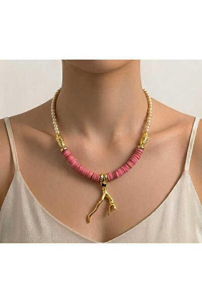 ZELAL Maisol Dal Mercan Pembe Boncuk ve Beyaz Boncuk Detaylı Tasarım Kolye