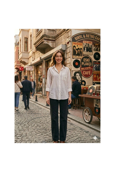 ZDN JEANS Kadın Beyaz Rahat Kesim Keten Gömlek