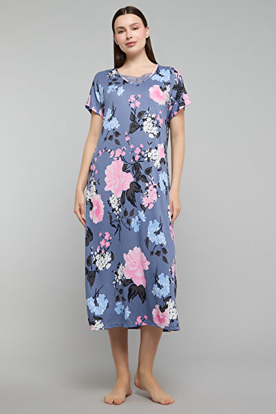 R&B Floral Print Nightdress with V-Neck and Short Sleeves
