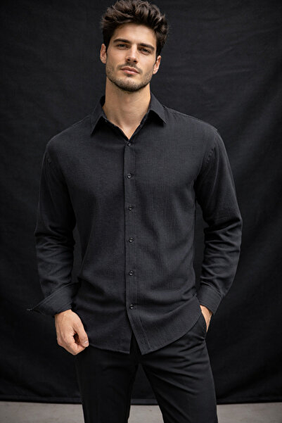 Cansay Giyim Men's Black Crinkle (Wrinkle Effect) Shirt Relaxed Fit Long Slee...