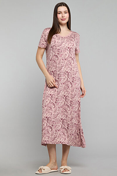R&B Paisley Print Nightdress with V-Neck and Short Sleeves