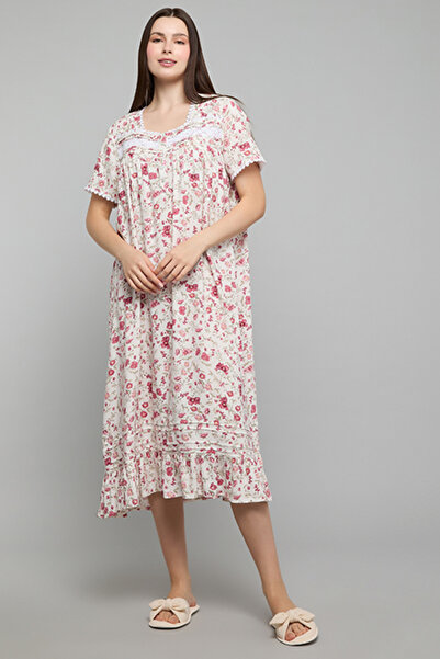 R&B Patterned Nightdress with Sweetheart Neck and Short Sleeves