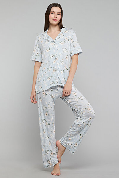 R&B Printed Lapel Collar Pyjama Set