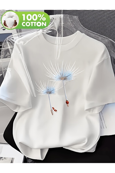 yiou trendy clothing تي شيرت كبير الحجم مطبوع عليه زهرة الهندباء وفراشة الحديقة