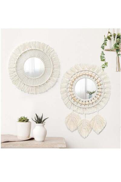 Arabest 2pcs Round Hanging Wall Mirror Set,Macrame Fringe Boho Art Decor for ...