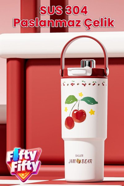 Vagonlife DILLER Tumbler 880 ML Tek Kapak Çift Kullanım Pipetli/Pipetsiz Taşıma Kulplu Çelik Termos-FFD9505-88