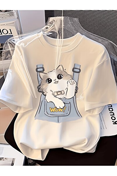 yiou trendy clothing تي شيرت فاخر كبير الحجم مطبوع عليه Cute Kitten Wow