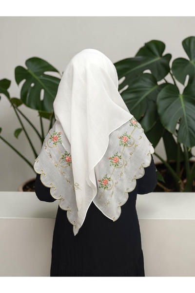 BAŞ TASARIM Embroidered White Cotton Shawl Hijab