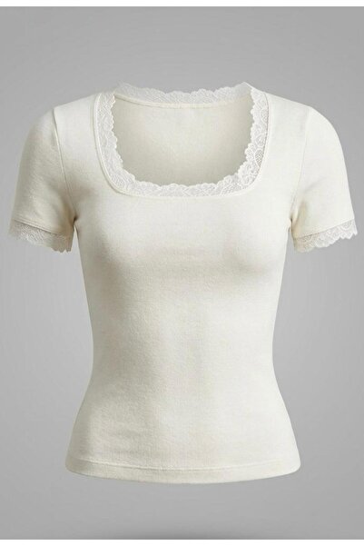 EVOA Γυναικεία μπλούζα με τετράγωνο γιακά και κεντημένη δαντέλα