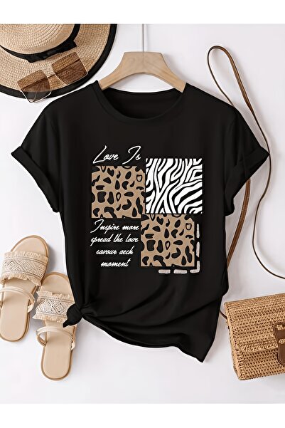 yiou trendy clothing تي شيرت فاخر كبير الحجم مطبوع عليه تفاصيل جلد الفهد مع ز...