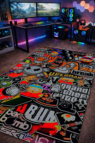 gxe.art Sticker Bomb Karışık Desen Yıkanabilir Kaymaz Taban Genç Odası Halısı