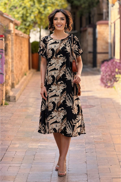 Nevin Kaya Moda Siyah Defne Desenli Yuvarlak Yaka Elbise