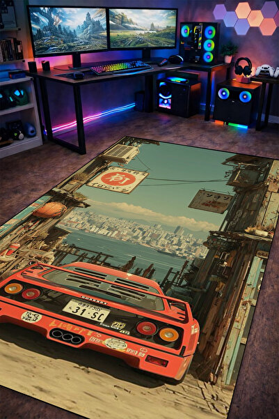 gxe.art Ferrari F40 Japon Sokak Tasarım Yıkanabilir Kaymaz Taban Halı