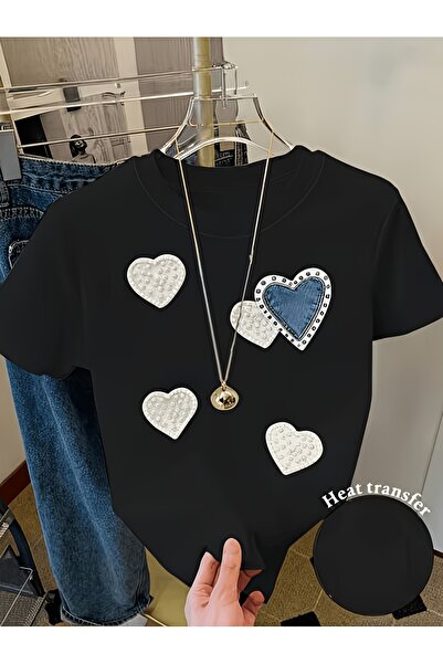 yiou trendy clothing تي شيرت كبير الحجم مطبوع عليه قلب الحب بزر واحد