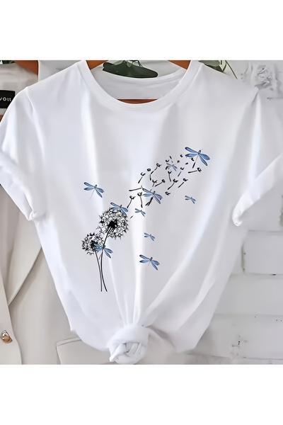 yiou trendy clothing تي شيرت مطبوع عصري بمقاسات كبيرة، برقبة دائرية وأكمام قصيرة