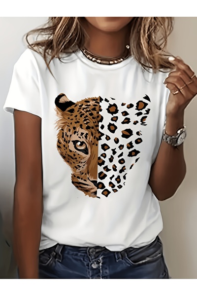 yiou trendy clothing تي شيرت فاخر كبير الحجم مطبوع عليه تفاصيل نمر وفهد