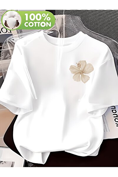yiou trendy clothing تي شيرت أبيض مطبوع عليه زهور بمقاس كبير وعالي الجودة