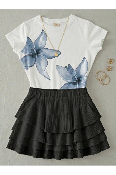 NİCE Γυναικείο Σετ με Φλοράλ Στάμπα - Κοντομάνικο Μπλουζάκι Λύκρα και Κοντή Φ...