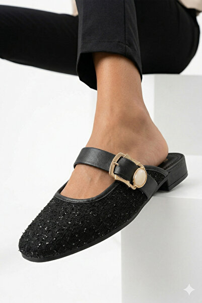 StWenn Γυναικείες παντόφλες με υφή τουίντ, με αγκράφα, κλειστή μύτη, ανοιχτή ...