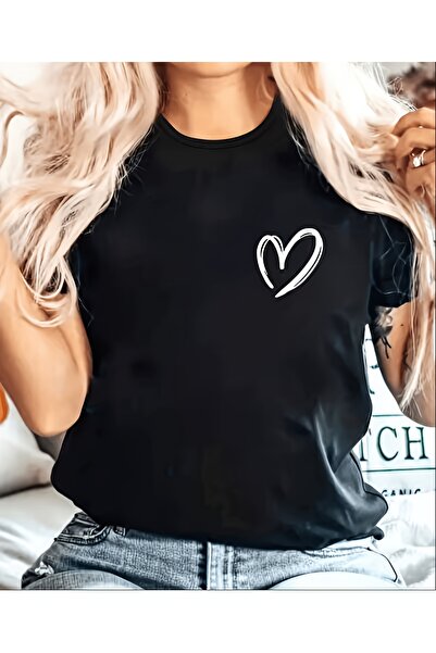 yiou trendy clothing تي شيرت نسائي كبير الحجم بطبعة قلب - قميص كاجوال برقبة م...