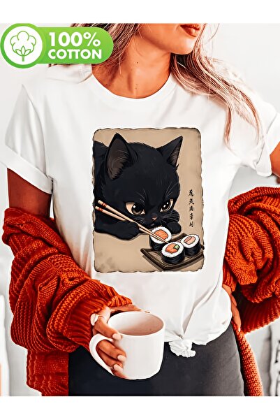 yiou trendy clothing تي شيرت فاخر كبير الحجم مطبوع عليه قطة لطيفة تأكل السوشي