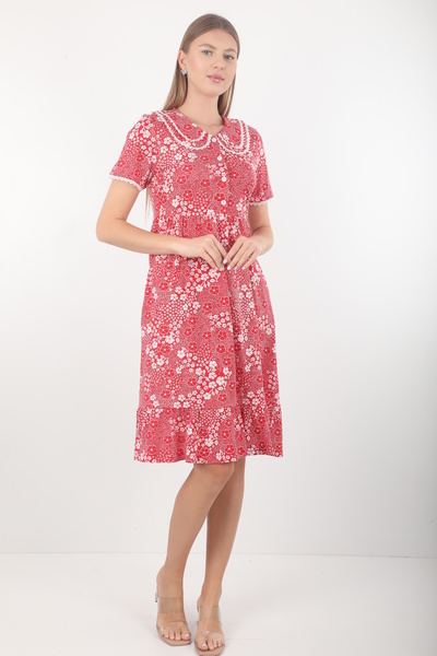 Wild Love Γυναικείο βαμβακερό casual φόρεμα με κόκκινο φλοράλ σχέδιο και δαντ...