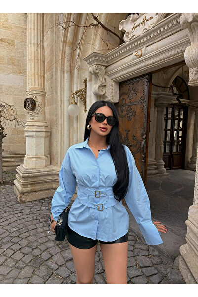 kırmızı butiks Μπλε πουκάμισο ποπλίνα με φαρδιά ζώνη