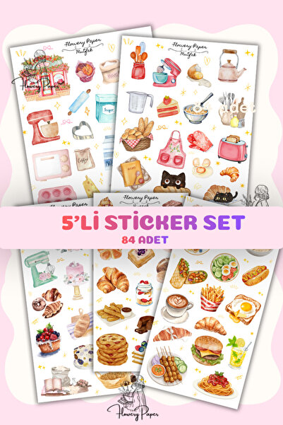 Flowery Paper 5'Li Yemek ve Mutfak Sticker sayfaları , 84 adet, Bullet Journa...