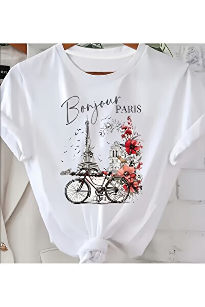yiou trendy clothing تي شيرت نسائي أنيق يتميز بطباعة صورة البرج وشعار فينتاج ...