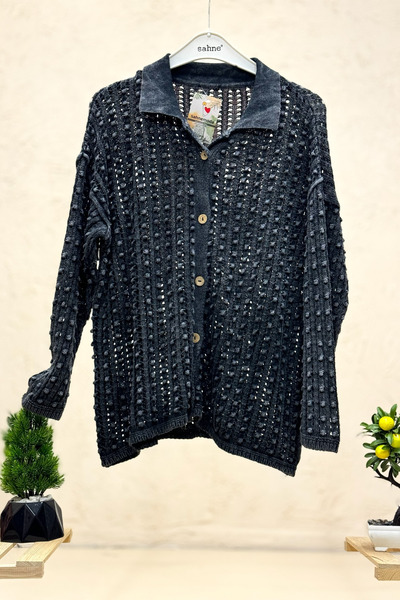 sahnemoda Collared Bud Pattern Buttoned Organic Cotton Cardigan