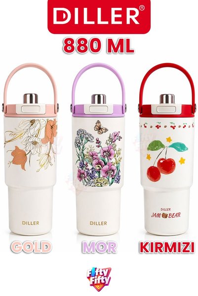 Vagonlife DILLER Tumbler 880 ML Tek Kapak Çift Kullanım Pipetli/Pipetsiz Taşıma Kulplu Çelik Termos-FFD9505-88